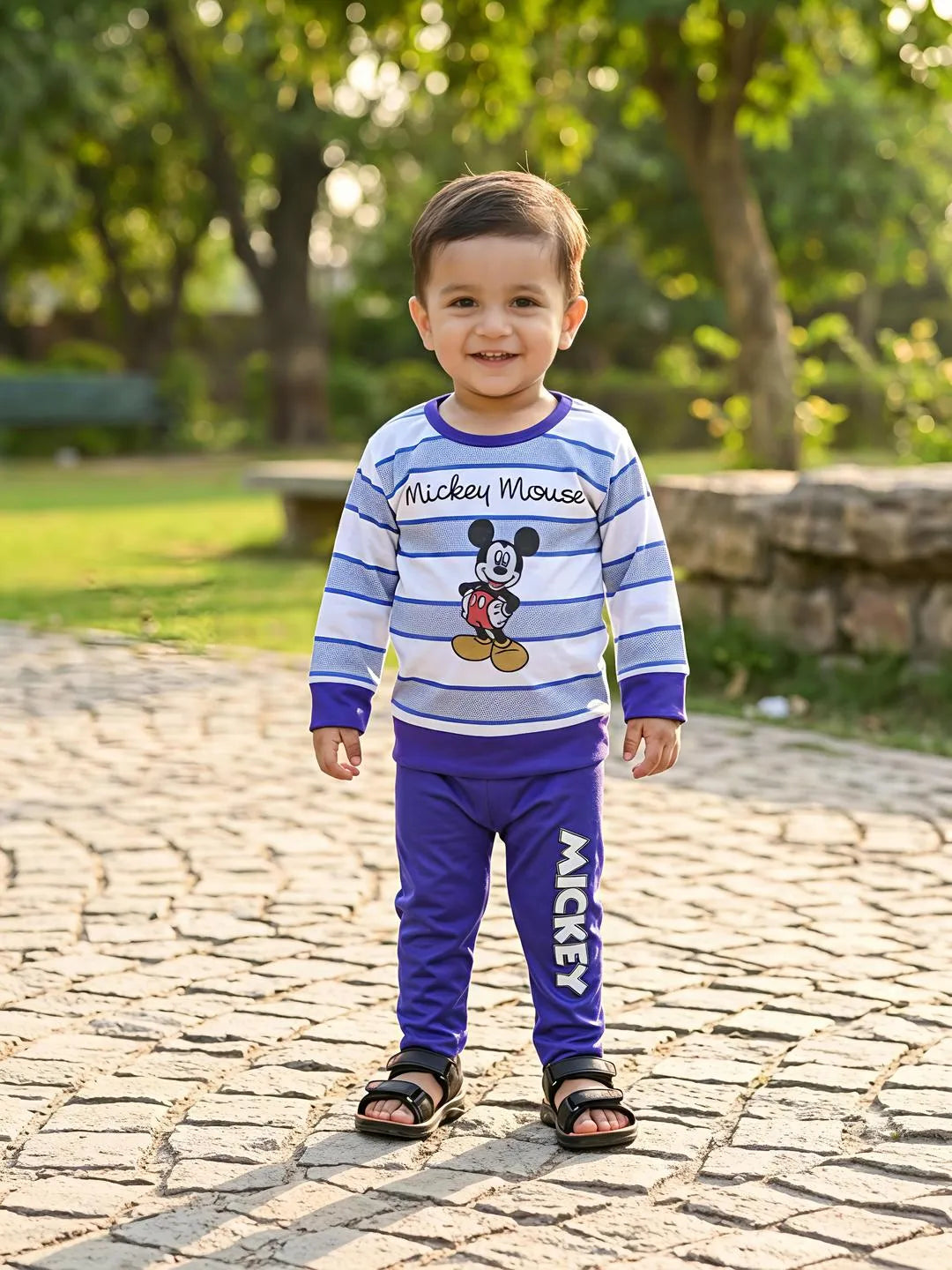 Boys blue printed cotton jersey shirt and trouser set, soft breathable summer outfit for babies casual and daily wear