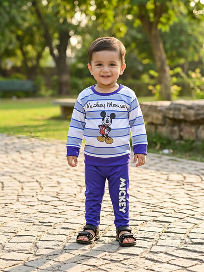 Boys blue printed cotton jersey shirt and trouser set, soft breathable summer outfit for babies casual and daily wear