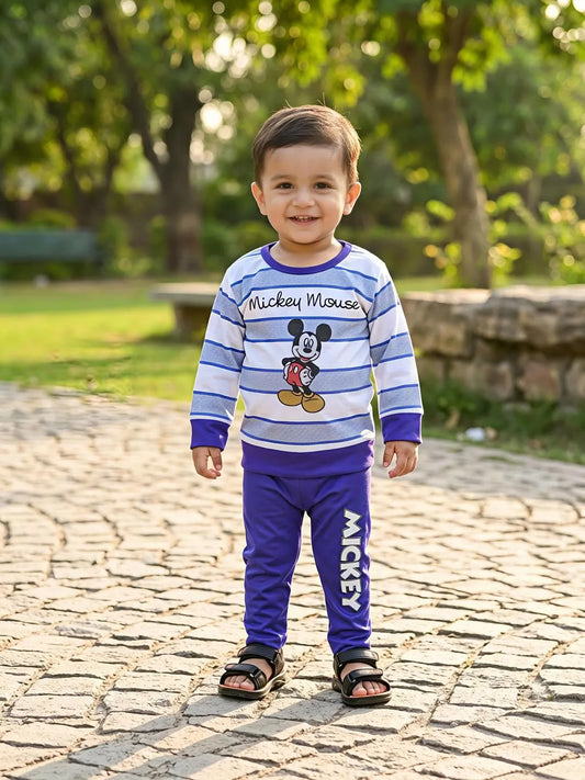 Boys blue printed cotton jersey shirt and trouser set, soft breathable summer outfit for babies casual and daily wear
