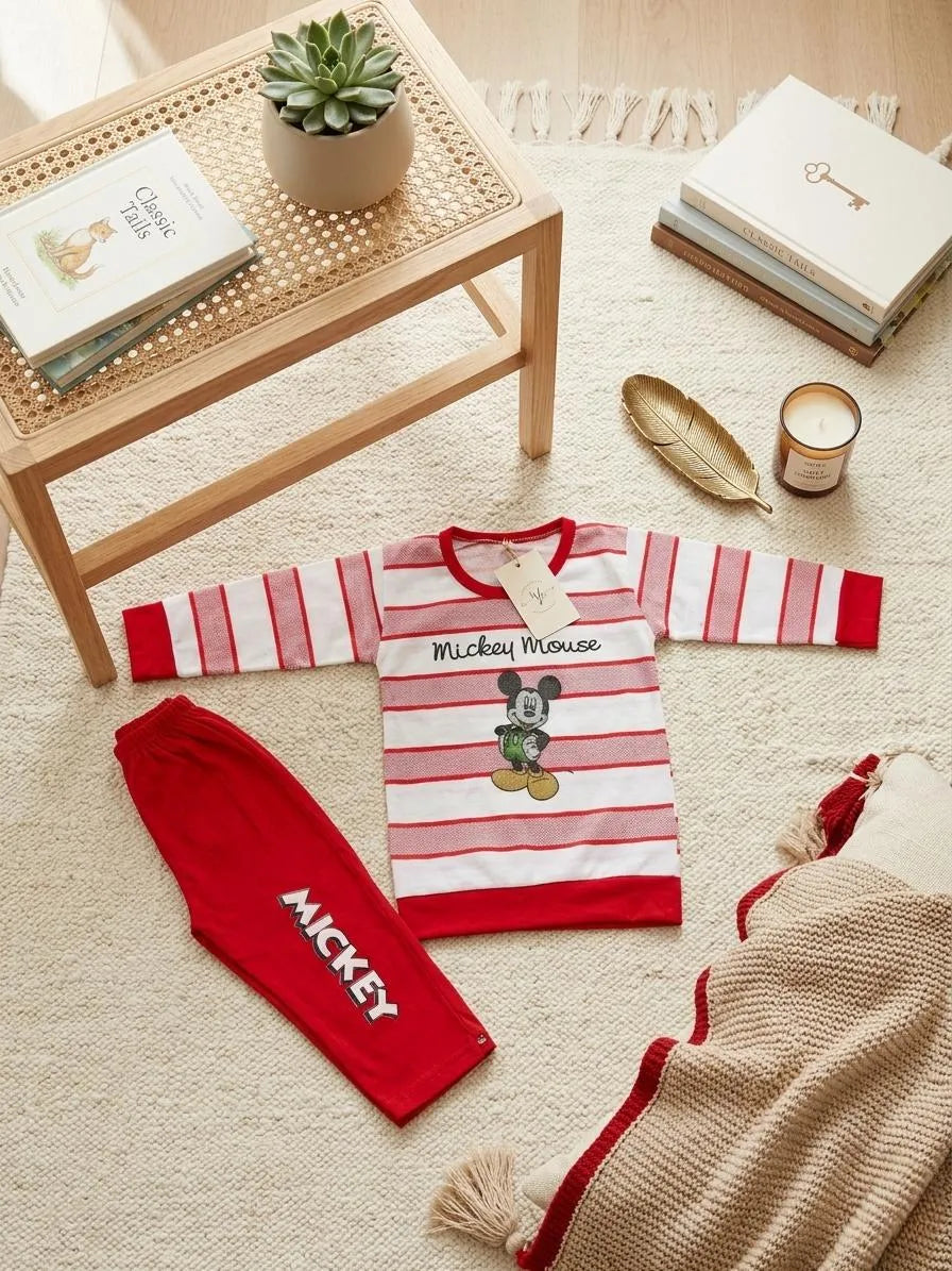 Boys red printed cotton jersey shirt and trouser set, soft breathable summer outfit for babies casual and daily wear