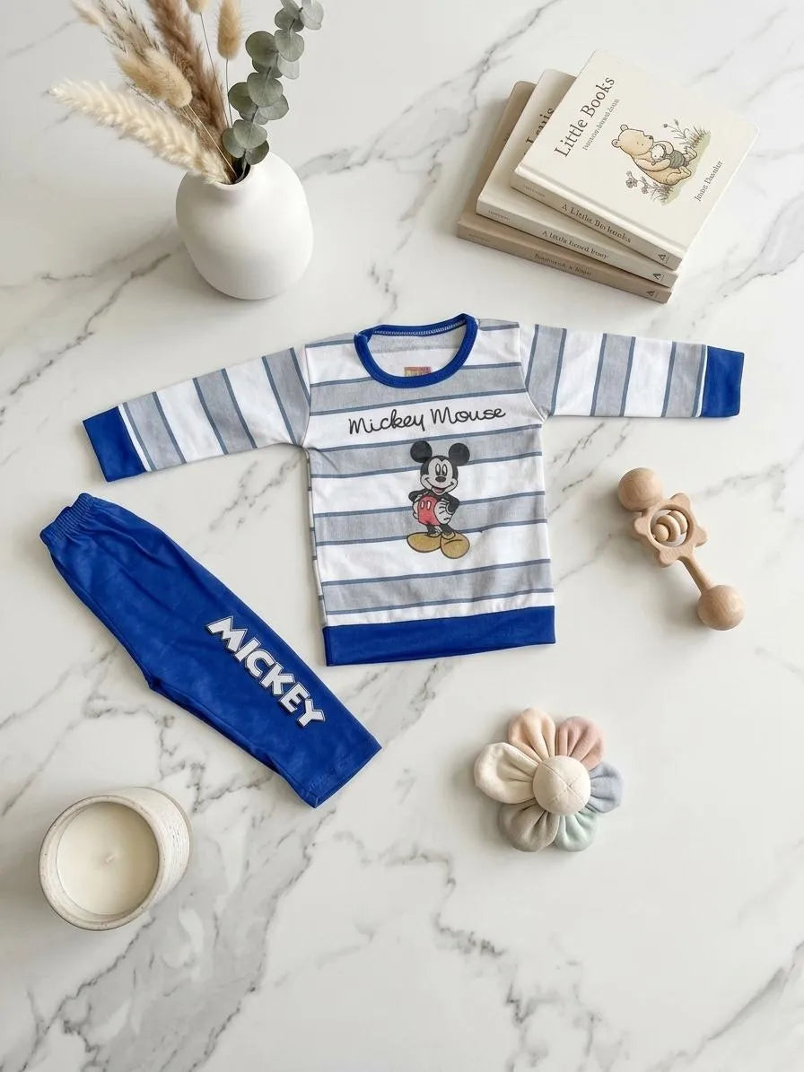 Boys blue printed cotton jersey shirt and trouser set, soft breathable summer outfit for babies casual and daily wear