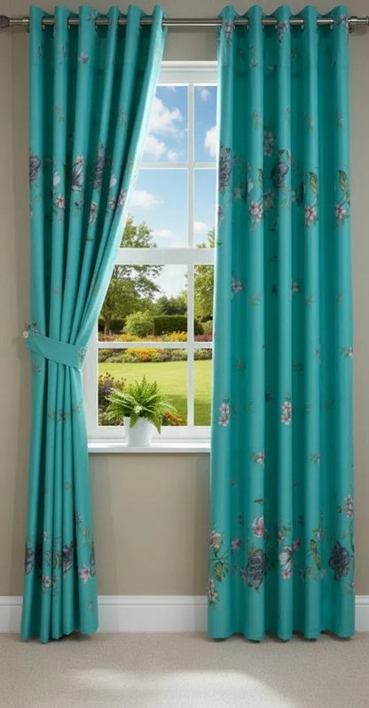 Turquoise floral cotton curtains 2 pcs set 60x102 inch panels, soft breathable curtains for bedroom living room home decor use