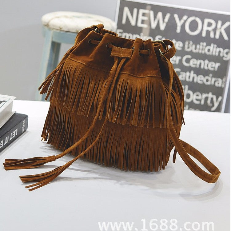 Khaki velvet bucket bag for women with tassels stylish bohemian shoulder bag for casual outings and daily use