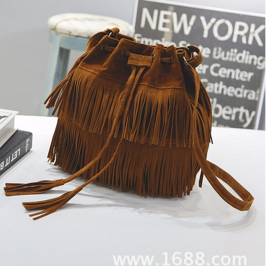 Khaki velvet bucket bag for women with tassels stylish bohemian shoulder bag for casual outings and daily use