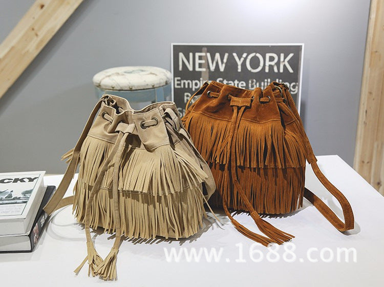 Khaki velvet bucket bag for women with tassels stylish bohemian shoulder bag for casual outings and daily use