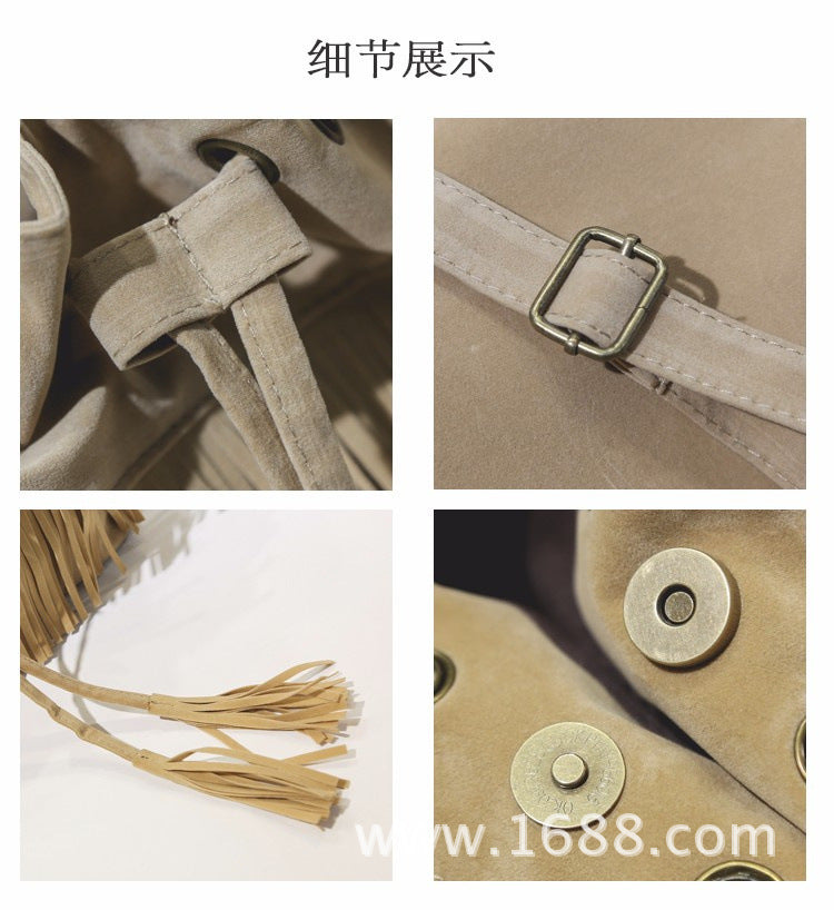 Khaki velvet bucket bag for women with tassels stylish bohemian shoulder bag for casual outings and daily use