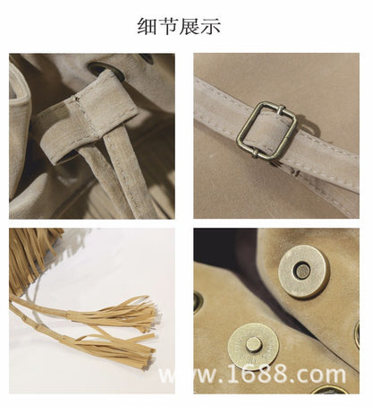 Khaki velvet bucket bag for women with tassels stylish bohemian shoulder bag for casual outings and daily use