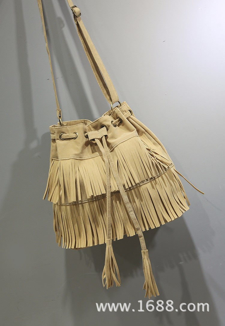 Khaki velvet bucket bag for women with tassels stylish bohemian shoulder bag for casual outings and daily use