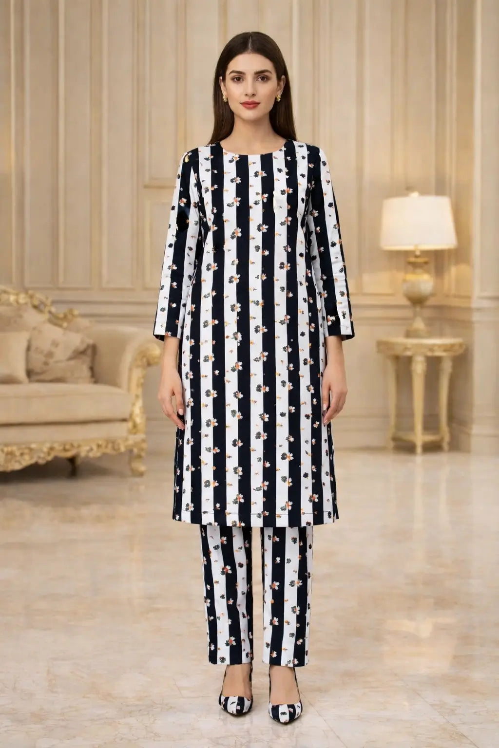 White printed cotton 2 piece suit for women with matching shirt and trouser breathable soft summer casual wear outfit