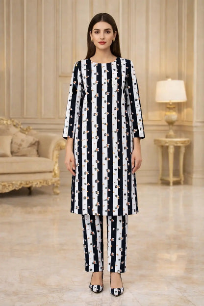 White printed cotton 2 piece suit for women with matching shirt and trouser breathable soft summer casual wear outfit