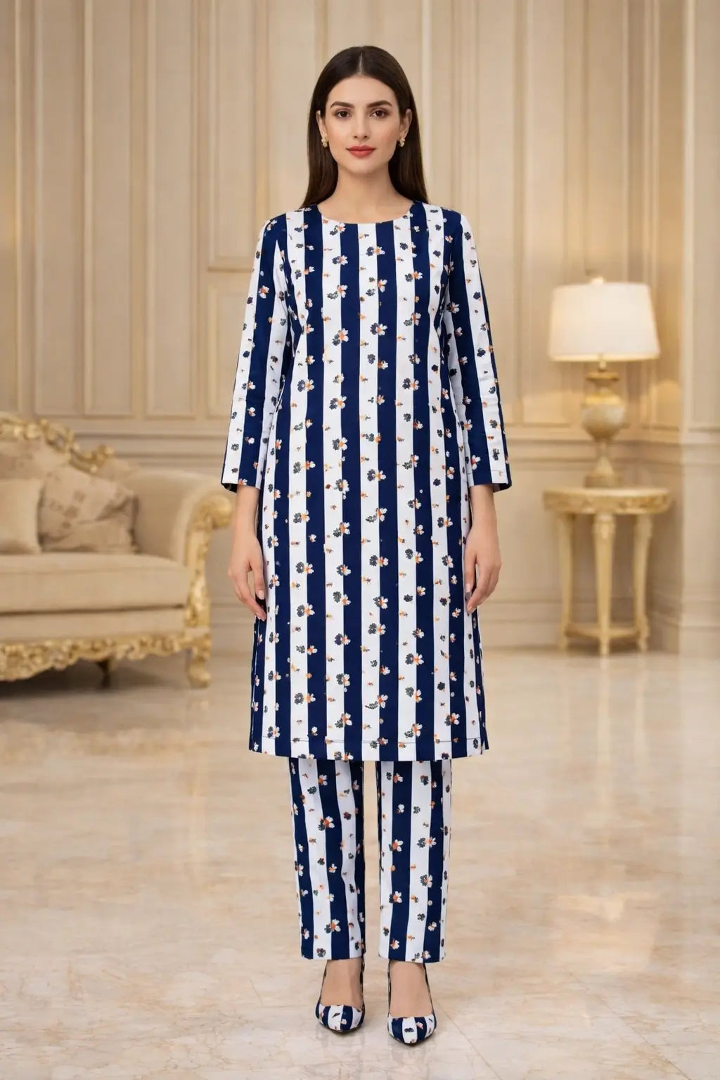 White printed cotton 2 piece suit for women with matching shirt and trouser soft breathable summer casual outfit