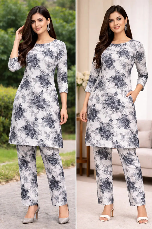 White printed polo cotton 2 piece suit for women casual wear soft breathable fabric matching shirt and trouser set