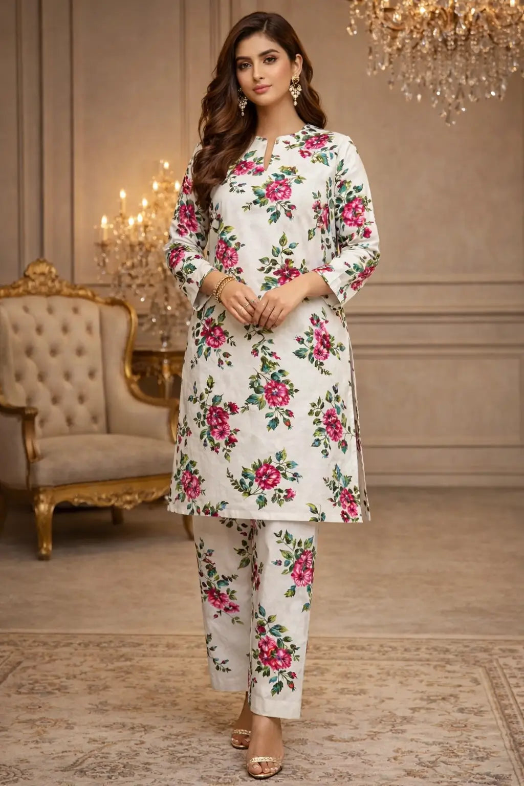 White printed polo cotton 2 piece suit for women with matching shirt and trouser soft breathable casual summer outfit