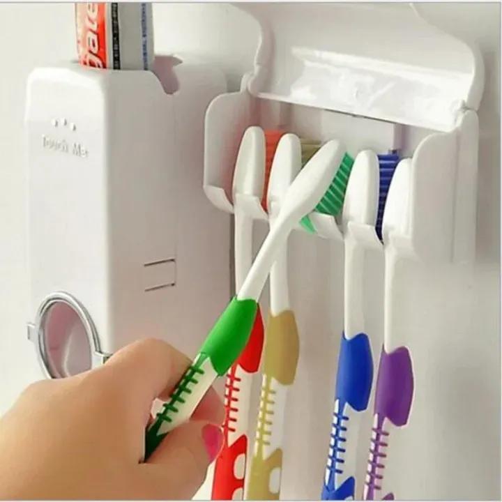 Toothpaste dispenser holder wall mount bathroom organizer white, toothbrush storage unit for family bathroom space saving use