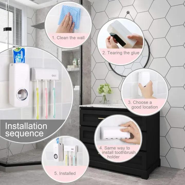 Toothpaste dispenser holder wall mount bathroom organizer white, toothbrush storage unit for family bathroom space saving use
