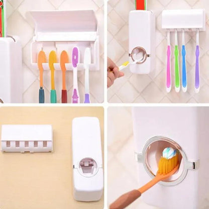 Toothpaste dispenser holder wall mount bathroom organizer white, toothbrush storage unit for family bathroom space saving use