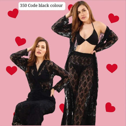 Black lace nightwear set 4 pcs net gown top shorts trousers premium soft sleepwear women