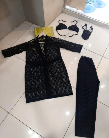 Black lace nightwear set 4 pcs net gown top shorts trousers premium soft sleepwear women