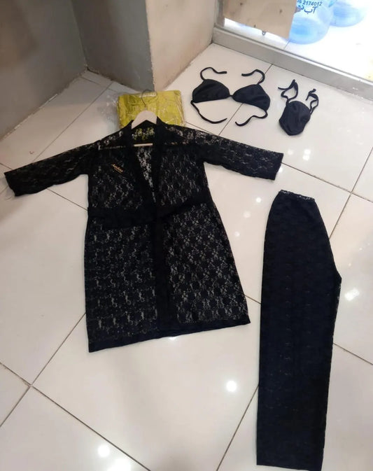 Black lace nightwear set 4 pcs net gown top shorts trousers premium soft sleepwear women