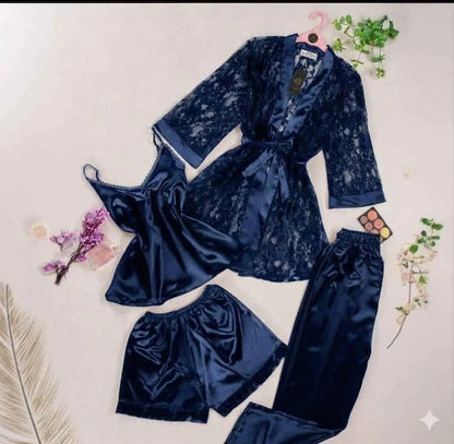 Navy blue silk embroidered nightwear set 4 pcs lace gown camisole shorts trousers women
