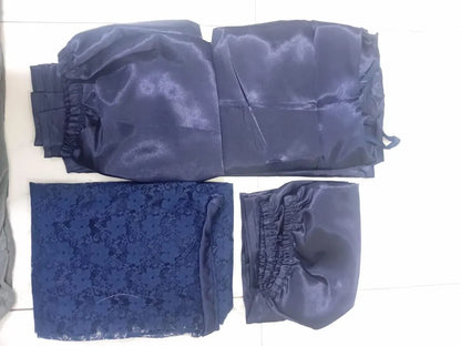 Navy blue silk embroidered nightwear set 4 pcs lace gown camisole shorts trousers women