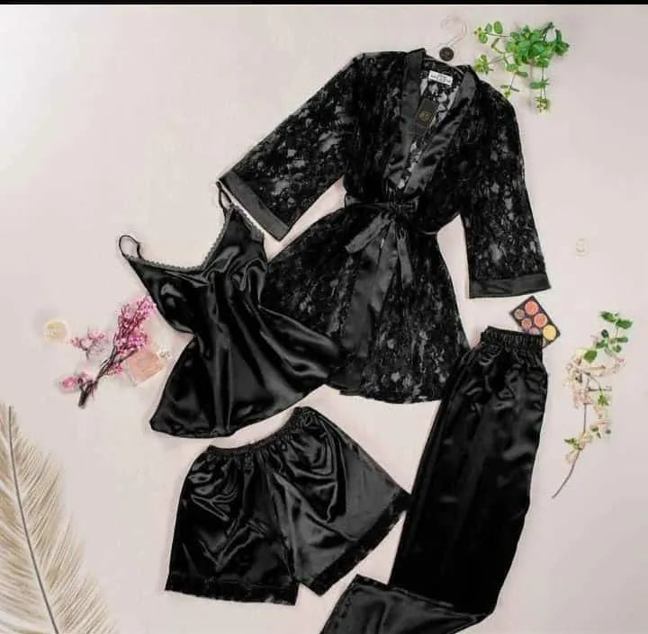 Black silk embroidered nightwear set 4 pcs lace gown camisole shorts trousers elegant sleepwear