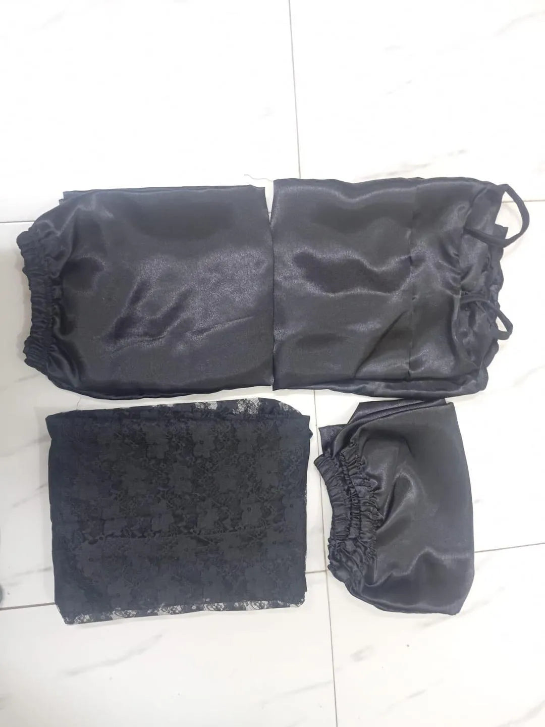 Black silk embroidered nightwear set 4 pcs lace gown camisole shorts trousers elegant sleepwear