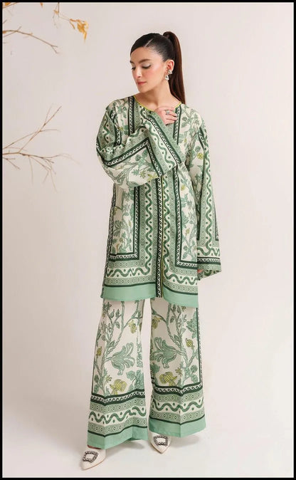 Green swiss lawn printed 2 piece suit for women with shirt and trouser breathable summer casual wear outfit