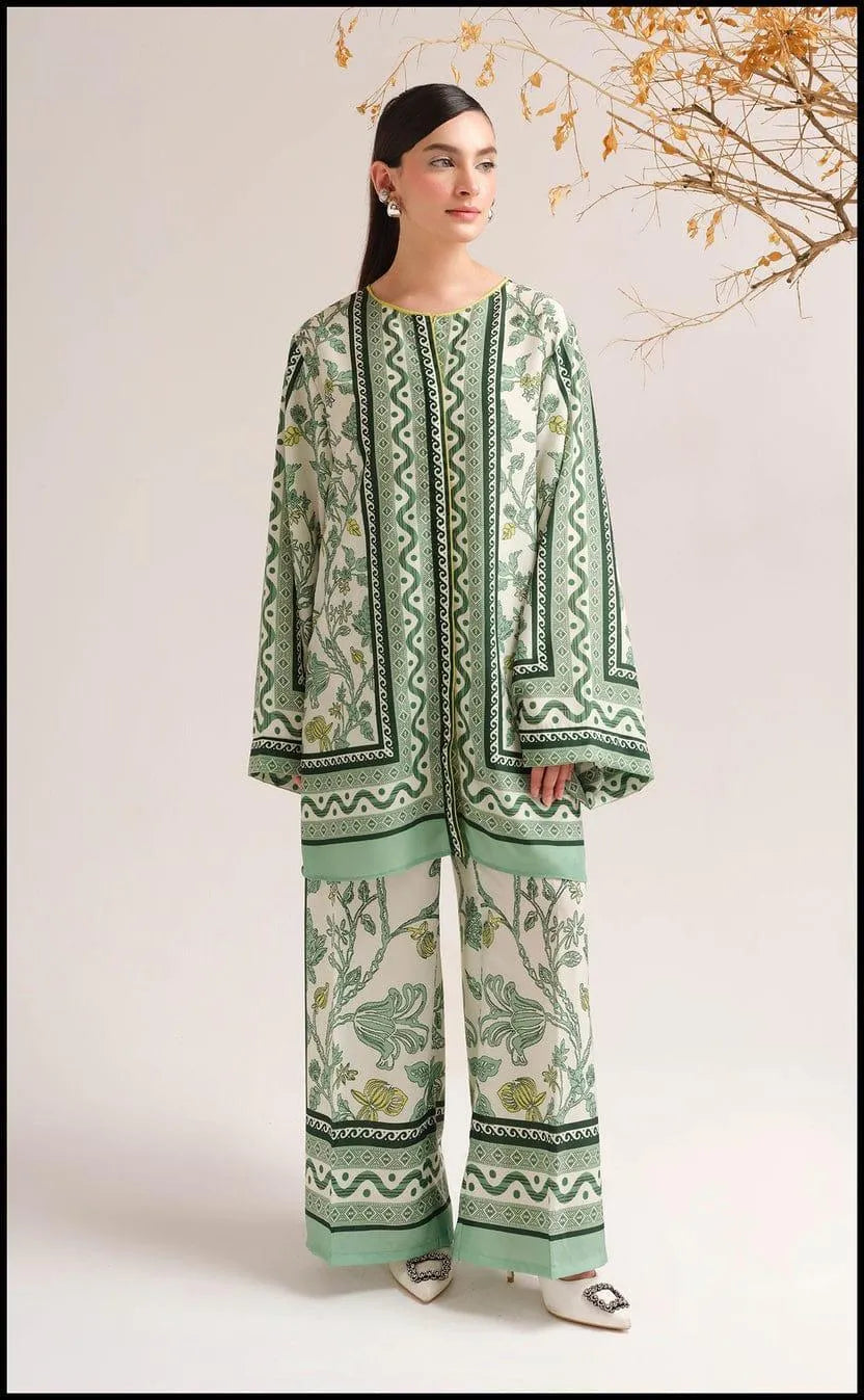 Green swiss lawn printed 2 piece suit for women with shirt and trouser breathable summer casual wear outfit