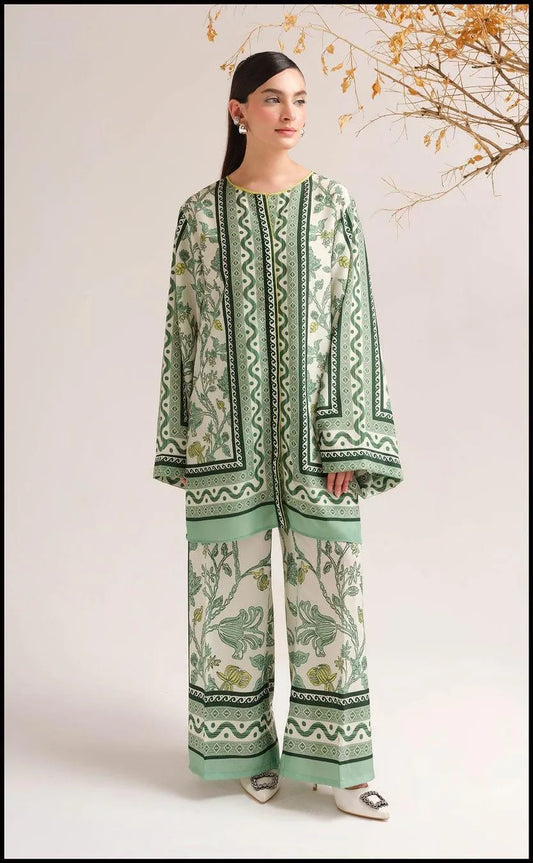 Green swiss lawn printed 2 piece suit for women with shirt and trouser breathable summer casual wear outfit