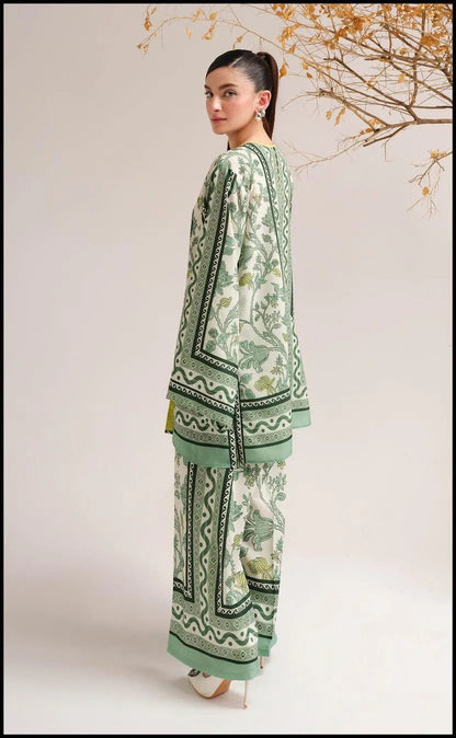 Green swiss lawn printed 2 piece suit for women with shirt and trouser breathable summer casual wear outfit