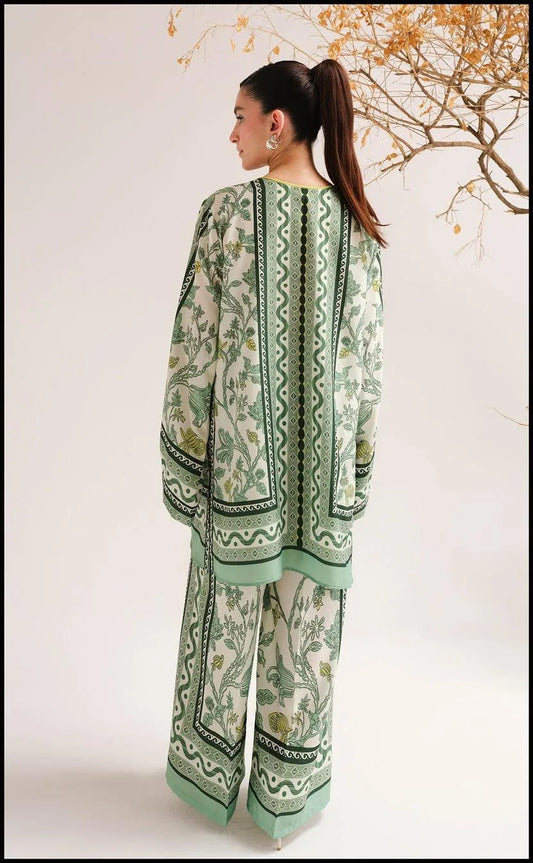Green swiss lawn printed 2 piece suit for women with shirt and trouser breathable summer casual wear outfit