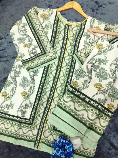 Green swiss lawn printed 2 piece suit for women with shirt and trouser breathable summer casual wear outfit