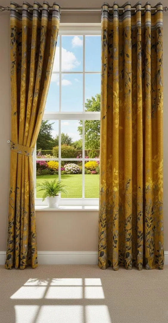 Yellow floral cotton curtains 2 pcs set 60x102 inch panels, soft breathable curtains for bedroom living room home decor use