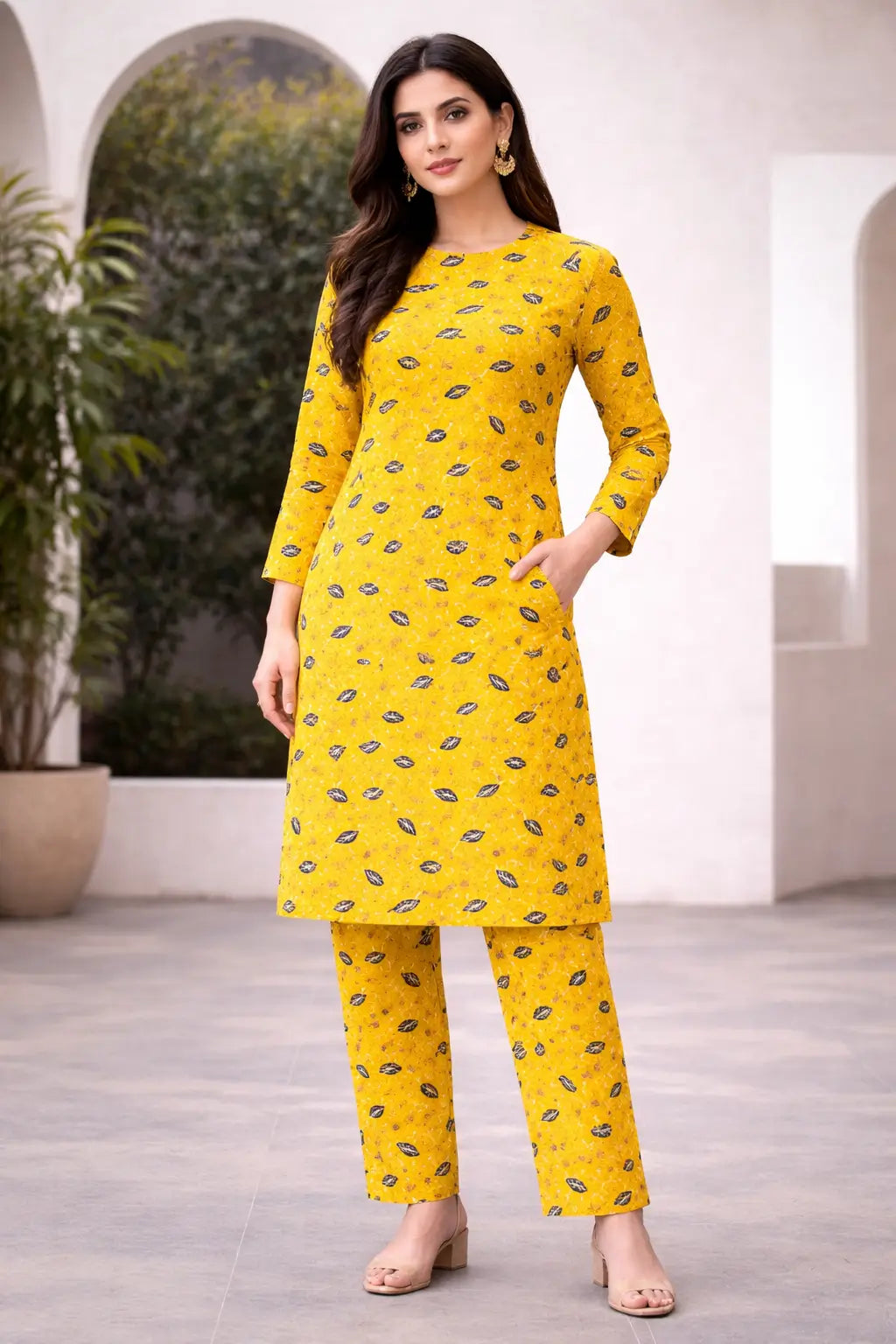 Yellow printed polo cotton 2 piece suit for women casual wear soft breathable fabric matching shirt and trouser set