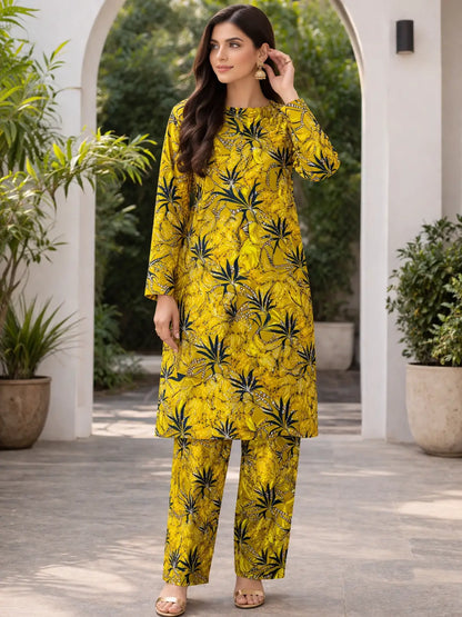 Yellow printed polo cotton 2 piece suit for women casual wear soft breathable fabric matching shirt and trouser set