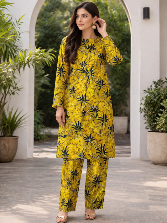 Yellow printed polo cotton 2 piece suit for women casual wear soft breathable fabric matching shirt and trouser set