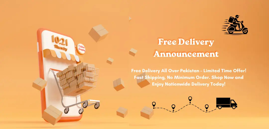 Free delivery banner across Pakistan with fast shipping, no minimum order and limited time offer on fashion, clothing, shoes and accessories.3