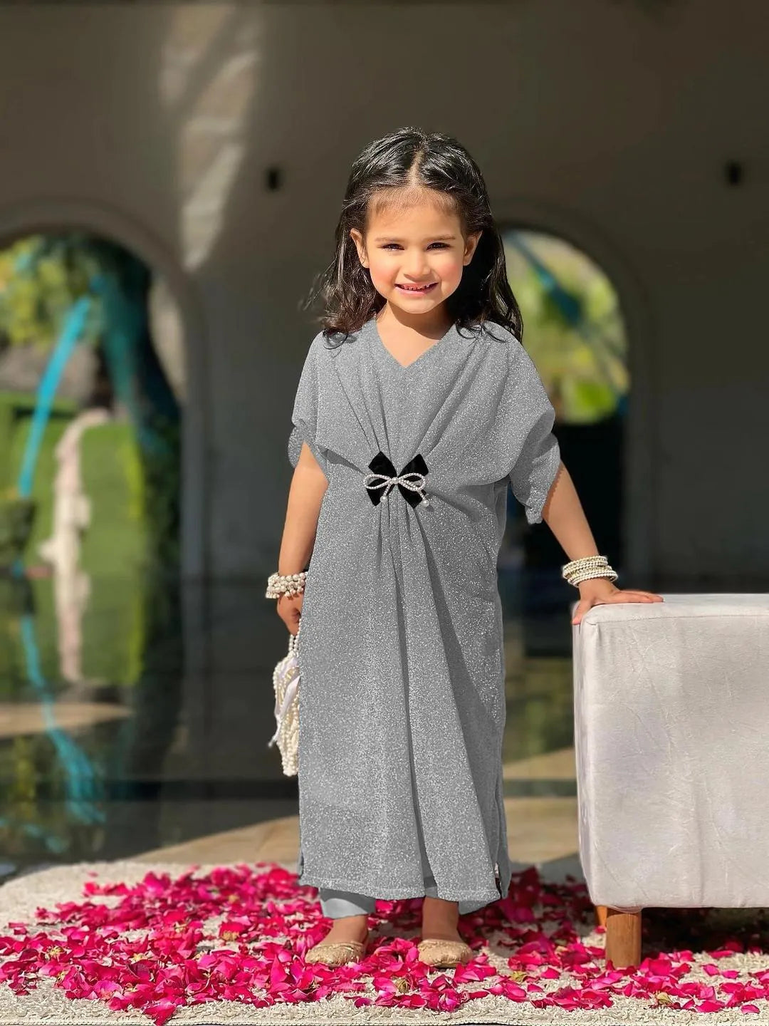 Girls grey textured jersey frock with trouser set, stylish outfit with bow for Eid parties and casual wear for kids