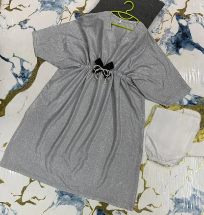 Girls grey textured jersey frock with trouser set, stylish outfit with bow for Eid parties and casual wear for kids