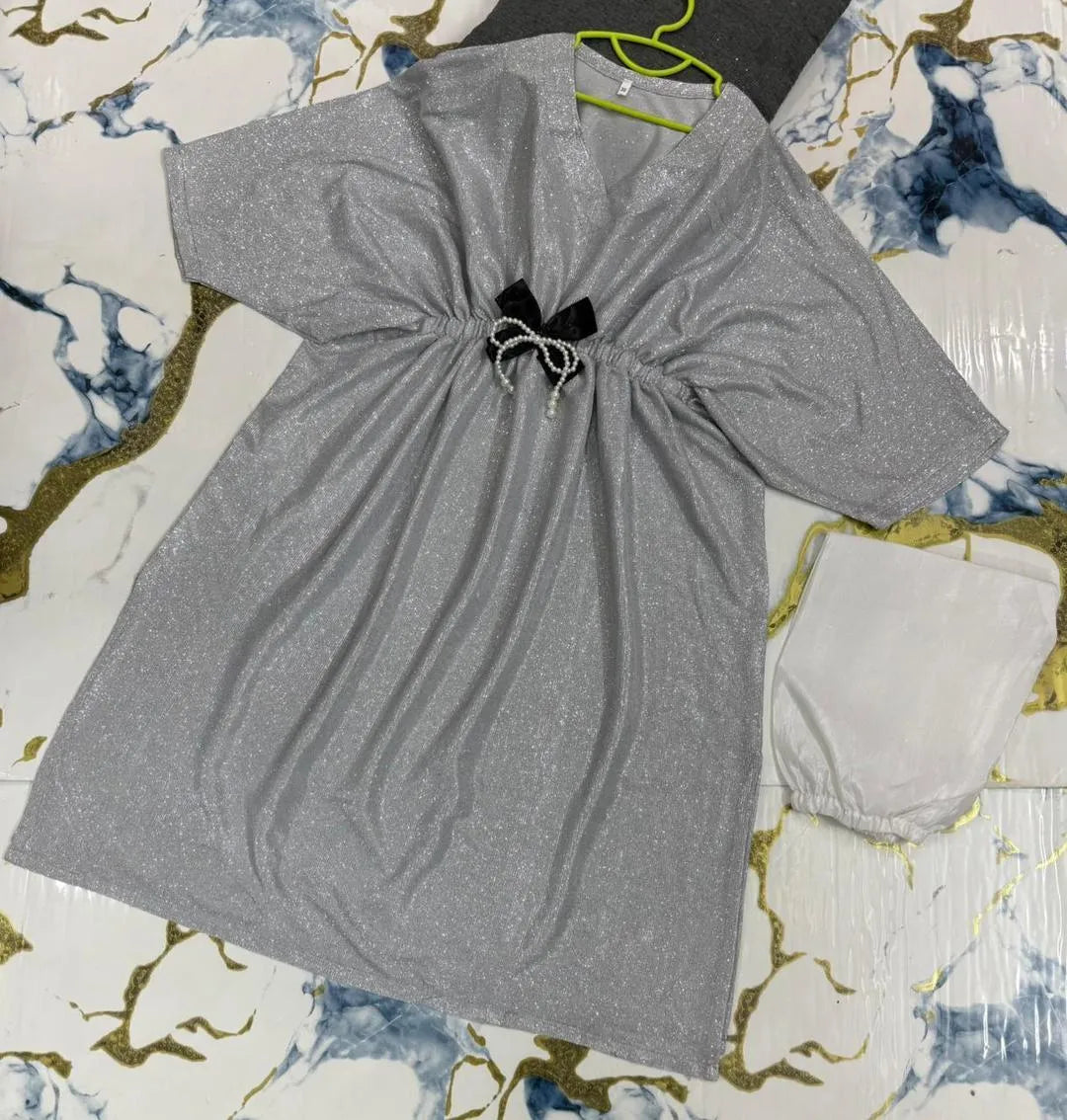 Girls grey textured jersey frock with trouser set, stylish outfit with bow for Eid parties and casual wear for kids