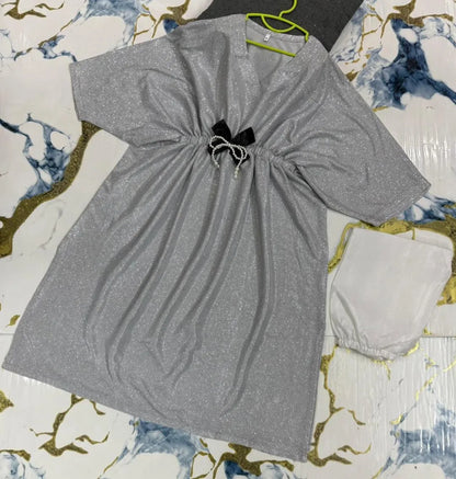 Girls grey textured jersey frock with trouser set, stylish outfit with bow for Eid parties and casual wear for kids