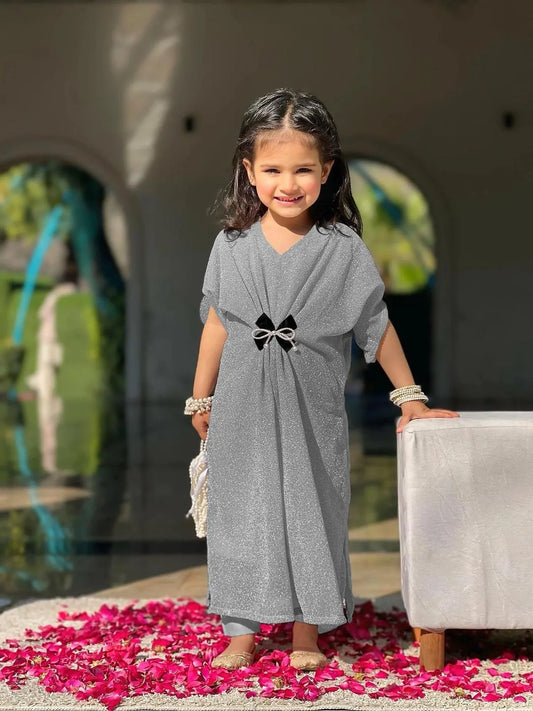 Girls grey textured jersey frock with trouser set, stylish outfit with bow for Eid parties and casual wear for kids