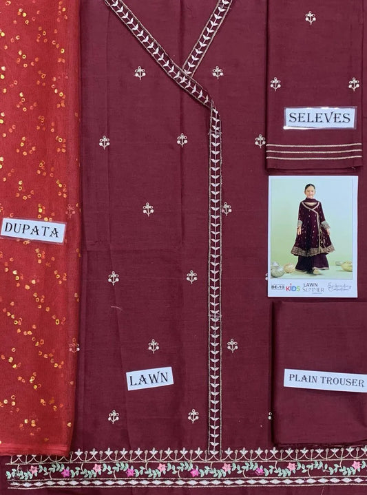 Kids girls maroon embroidered 3 piece dress by Swift Mart with stylish kurta shalwar dupatta set