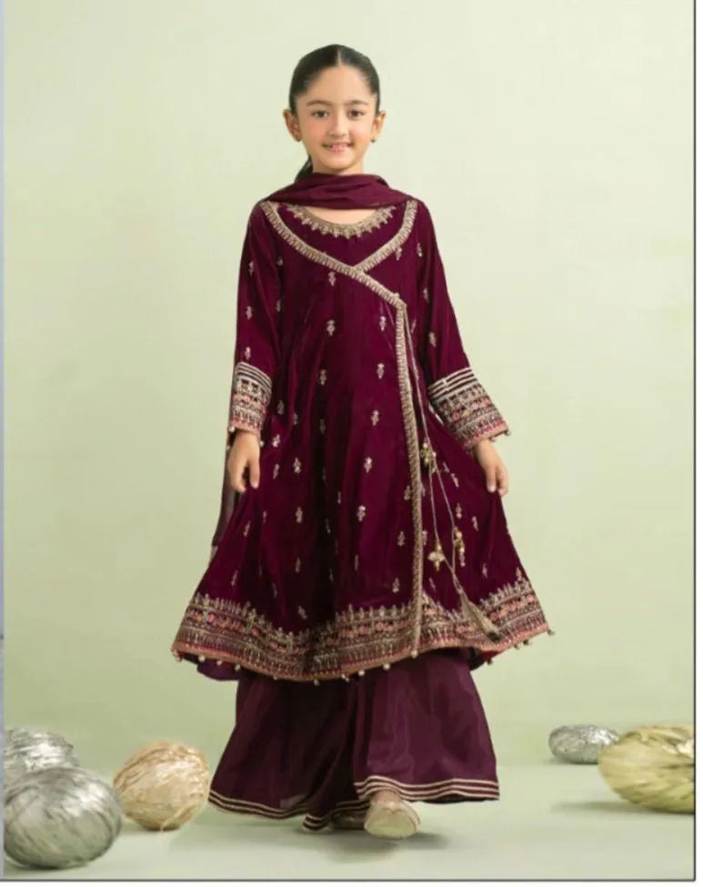 Kids girls maroon embroidered 3 piece dress by Swift Mart with stylish kurta shalwar dupatta set