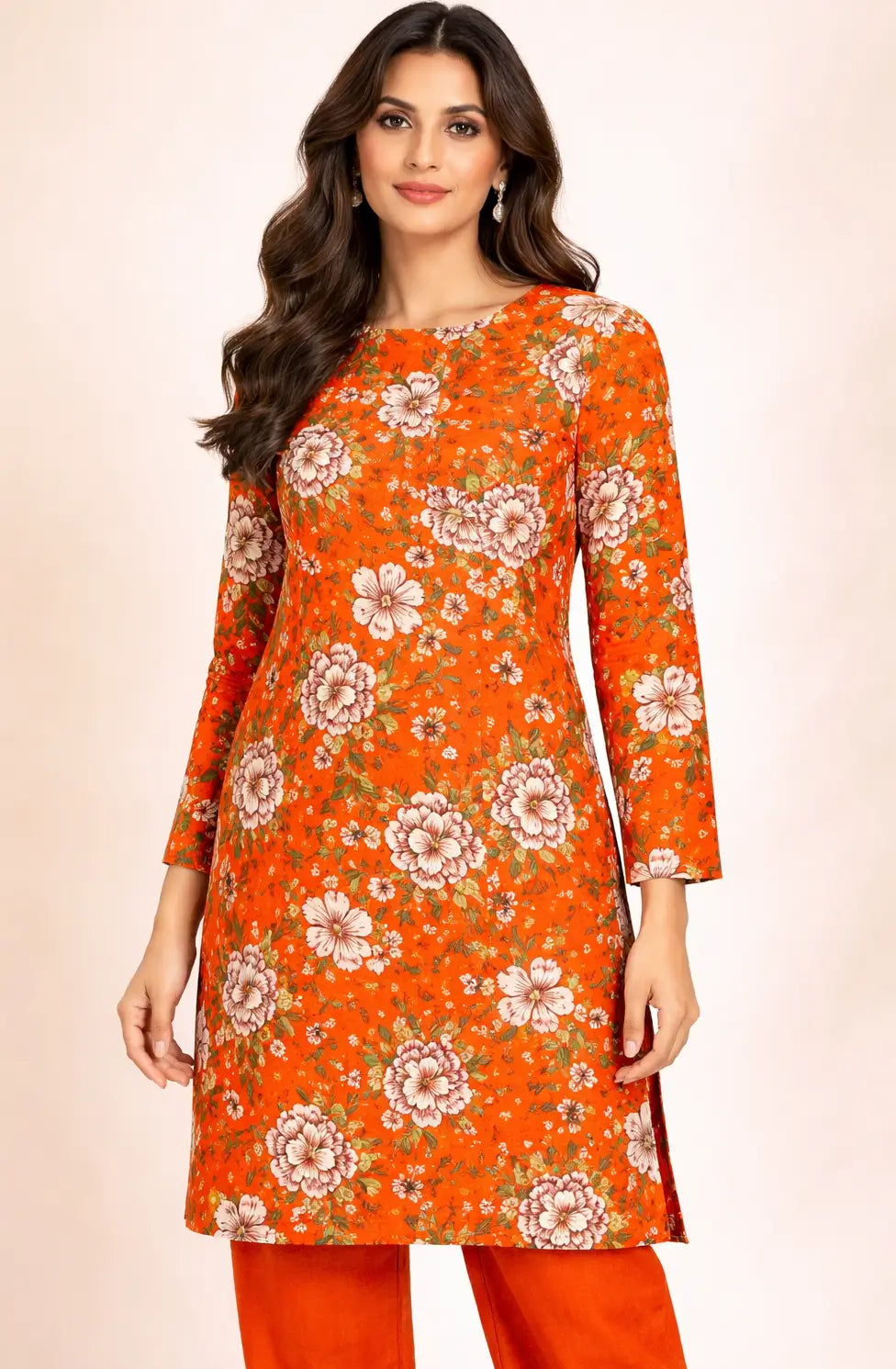 Orange printed polo cotton 2 piece suit for women casual wear soft breathable fabric matching shirt and trouser set